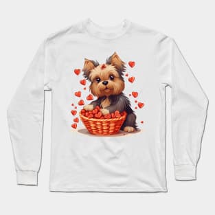 Cartoon Yorkshire Terrier Dog in Hearts Basket Long Sleeve T-Shirt